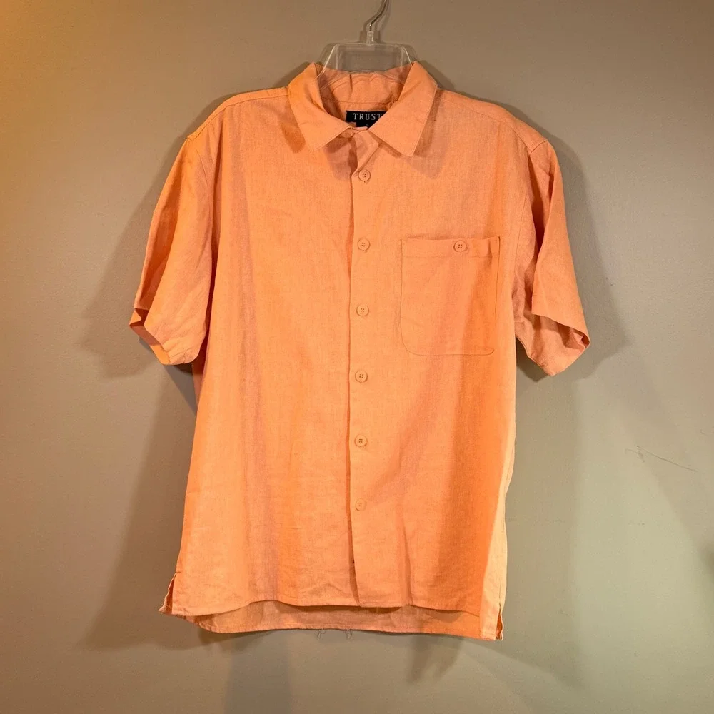 Trust Short Sleeve Linen Blend L Resort Classic Camp Collared‎ Button-Down Beach